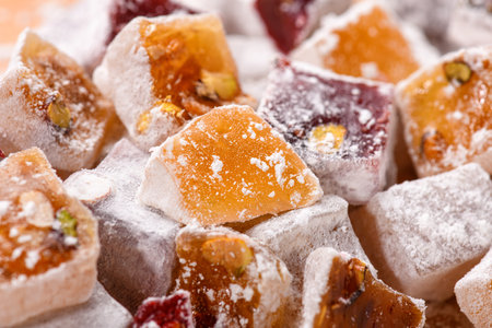 Sweet food Turkish delight, assorted rahat locum in form of cubes with nuts and powdered sugar, traditional foodの写真素材