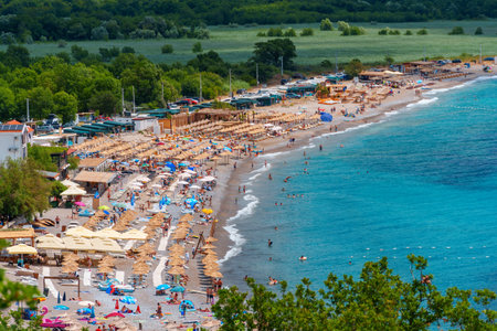 panorama of sea and beach, beautiful coastline and mountains, concept of summer vacation and travelの写真素材