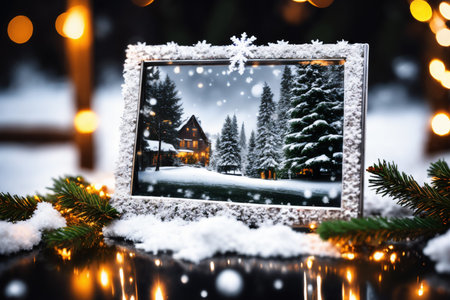 frame with picture of a house and fir trees decorated with lights and garlands for New Year and Christmas holidays, beautiful winter nature like a fairy taleの素材