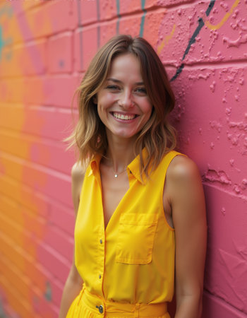 Portrait of a young girl standing against a wall, painted in bright, multi-colored paintsの素材