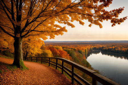 beautiful landscape of autumn forest at sunset, yellow trees and sunlightの素材