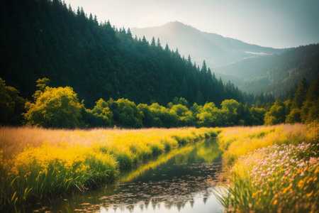 beautiful landscape of summer forest and flower field, beautiful natureの素材