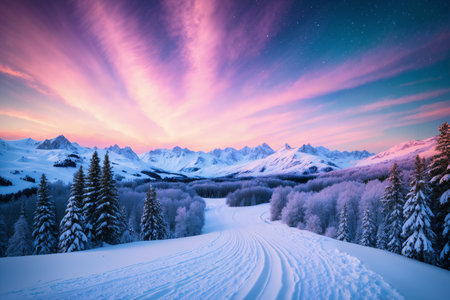 beautiful landscape of winter forest in snow, beautiful nature and colorful sunsetの素材