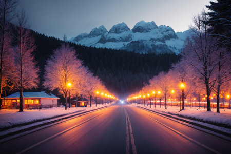 beautiful landscape of winter road and forest in snow, beautiful natureの素材