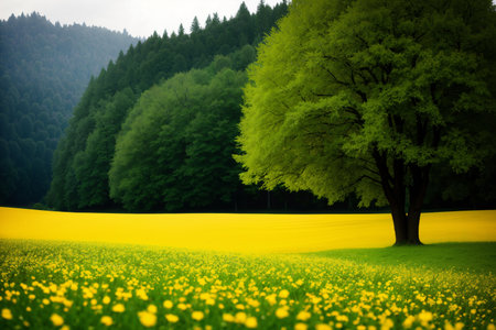 beautiful landscape of summer forest and flower field, beautiful natureの素材