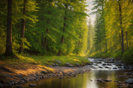 beautiful landscape of summer forest at sunset, beautiful natureの素材
