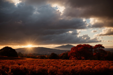 beautiful landscape of autumn forest at sunset, yellow trees and sunlightの素材
