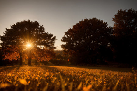 beautiful landscape of autumn forest at sunset, yellow trees and sunlightの素材