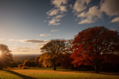 beautiful landscape of autumn forest at sunset, yellow trees and sunlightの素材