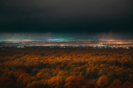 beautiful landscape of autumn forest and panorama of night city with illumination, yellow trees and dark skyの素材