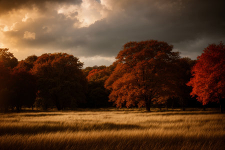 beautiful landscape of autumn forest at sunset, yellow trees and sunlightの素材