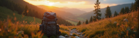 Hiking backpack lies near the trail in the grass, view of beautiful mountains landscape at sunset, travel and hiking conceptの素材
