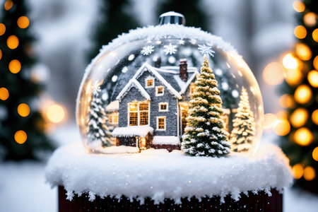 Glass sphere with a miniature house and Christmas tree decorated for Christmas, winter snowy nature in the background, a beautiful backdrop for the New Year holidaysの素材