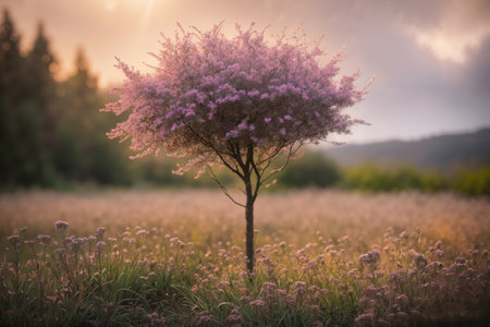 a single flowering tree with pink flowers, small and graceful, in a clearing in the grass in front of a dense forestの素材
