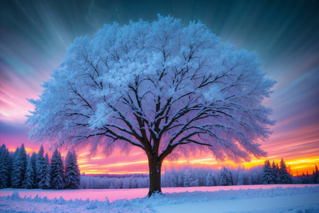 One large beautiful tree with branches covered with snow against the backdrop of a winter landscape, the nature of a winter forest, a field covered with snow and bright red sunlight at sunsetの素材