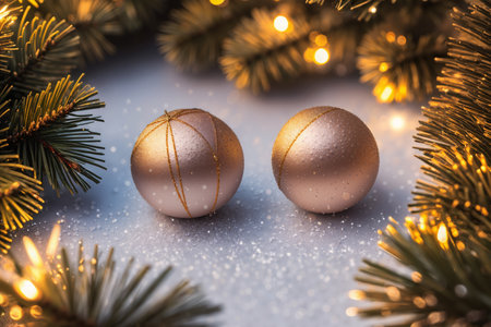 Christmas decorations and lights with a Christmas tree branches are a beautiful background for the New Year holidayの素材