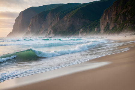 dramatic stormy seascape and cloudy sky, foaming waves on sand, rocky coast, and surf as abstract natureの素材