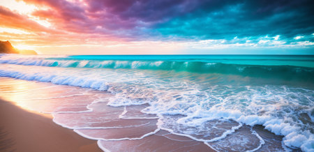 A bright, colorful, and color saturated landscape of seashore, foaming waves on sand, and surf as abstract nature for summer and relaxationの素材