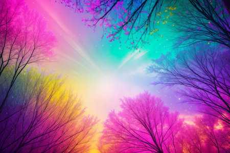 Colorful nature with unrealistic colors. Trees and treetops against the sky of a fairytale forest in bright, multi-colored, saturated colors. An unreal landscape.の素材