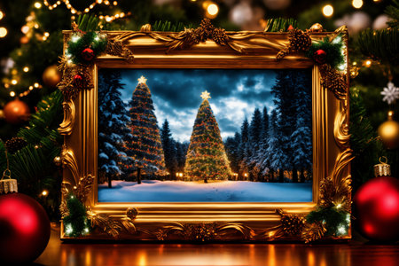 frame decorated with garland for New Year and Christmas holidays, with view of winter landscape inside, beautiful winter nature like a fairy taleの素材