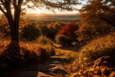 beautiful landscape of autumn forest at sunset, yellow trees and sunlightの素材