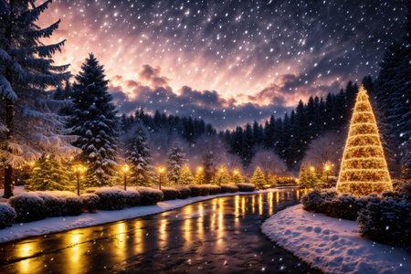 Christmas night in city park, beautiful winter nature with Christmas tree with decorations and lights, festive background for the New Year holidayの素材