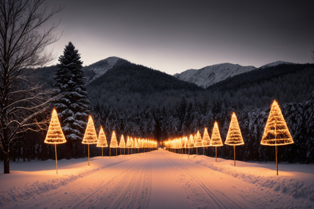 a snowy country road to forested mountains in Christmas night, beautiful winter nature with Christmas trees with decorations and lights, festive background for the New Year holidayの素材