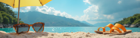 beach by the sea in summer, beach accessories, sunglasses, flip-flops and umbrella on the sand by the seashore, with a beautiful view of the landscape of forest and mountainsの素材