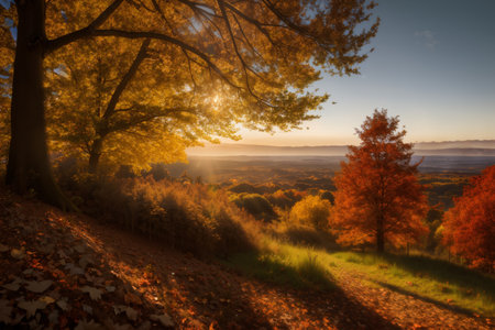 beautiful landscape of autumn forest at sunset, yellow trees and sunlightの素材