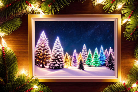 frame decorated with garland and lights for New Year and Christmas holidays, with view of Christmas tree and winter landscape inside, beautiful nature like a fairy taleの素材