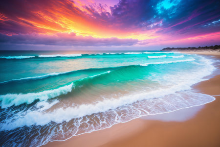 A bright, colorful, and color saturated landscape of seashore, foaming waves on sand, and surf as abstract nature for summer and relaxationの素材