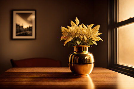 An elegant vase with sprigs of grass and flowers on a table nea window, a picture on a wall. A beautiful decoration.の素材