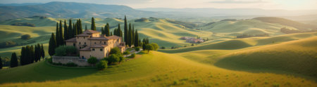beautiful summer landscape with field and hills in the distance, Old village in Tuscany style from Italyの素材