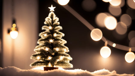 miniature Christmas tree decorated for Christmas and decoration toys, winter night and snow in background, a beautiful backdrop for the New Year holidaysの素材