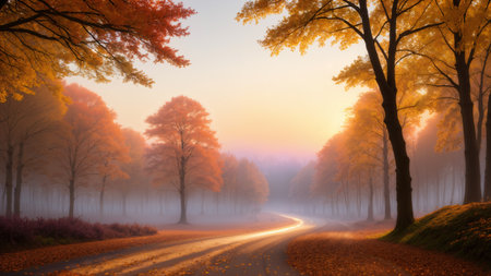 beautiful autumn landscape, forest and ground road at sunset, yellow trees and sunlightの素材