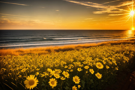 A flower field with yellow flowers on the seashore during sunset creates an amazingly beautiful view. Seashore and foaming waves on sand, and surf as abstract nature for summer and relaxationの素材
