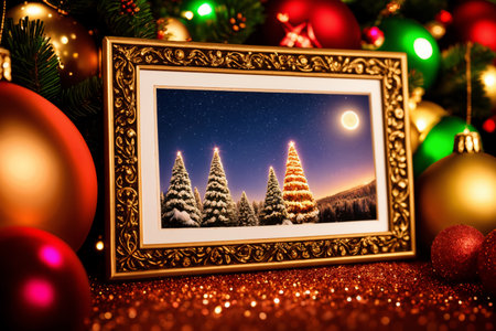 frame decorated with garland for New Year and Christmas holidays, with view of winter landscape inside, beautiful winter nature like a fairy taleの素材