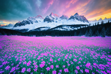 An incredibly beautiful fairytale landscape of blooming field of pink flowers against backdrop of snow capped mountains and night sky with Milky Way and Northern Lightsの素材