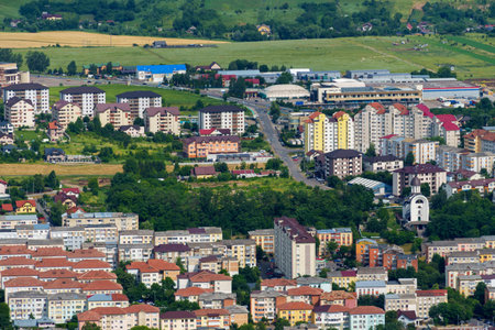 panoramic view from above on the street of city Piatra Neamt, Romania, city architecture, urban landscapeの写真素材