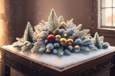 Christmas decorations on windowsill and Christmas tree branches with toys are a beautiful background for the New Year holidayの素材