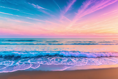 A bright, colorful, and color saturated landscape of seashore, foaming waves on sand, and surf as abstract nature for summer and relaxationの素材