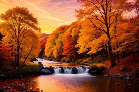 beautiful autumn landscape of forest at sunset, yellow trees and sunlightの素材