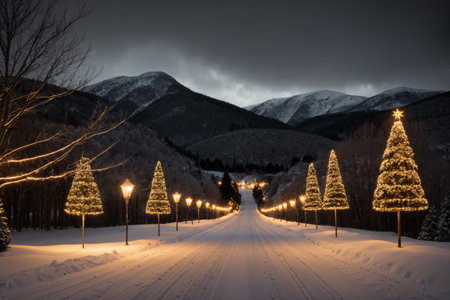 a snowy country road to forested mountains in Christmas night, beautiful winter nature with Christmas trees with decorations and lights, festive background for the New Year holidayの素材