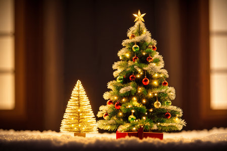 Christmas decorations and illuminated miniature fir tree toy and lights are a beautiful background for the New Year holidayの素材