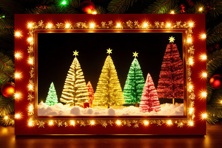 frame decorated with garland and lights for New Year and Christmas holidays, with view of Christmas tree and winter landscape inside, beautiful nature like a fairy taleの素材