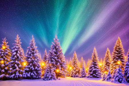 Christmas trees and lights for winter holidays in snowy forest, Christmas night, beautiful winter nature, festive background for the New Year holidayの素材