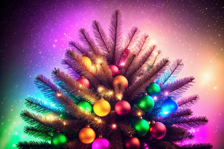 Christmas decorations and lights with a Christmas tree branches are a beautiful background for the New Year holidayの素材