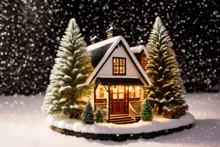 Christmas decorations in snow and miniature house toy and Christmas trees are a beautiful background for the New Year holidayの素材