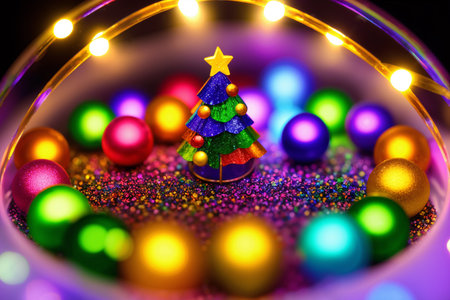 Christmas decorations and toys and lights with a Christmas tree are a beautiful background for the New Year holidayの素材