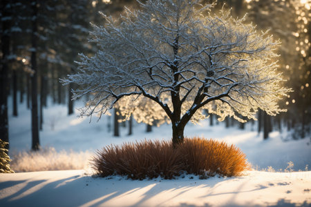 One large beautiful tree with branches covered with snow against the backdrop of a winter landscape, the nature of a winter forest, a glade covered with snow and bright sunlightの素材